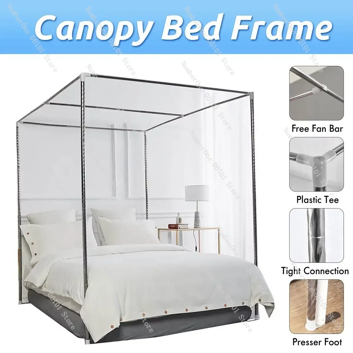 Stainless Steel Bed Canopy Bracket Mosquito Net Frame for 4 Corner Bed Bed Netting Fan Bar Support  Easy Install NO Mosquito Net