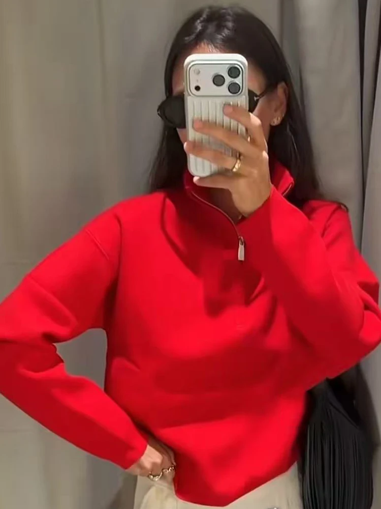TFMLN Women Sweater Basic Half Zip Knit Stand Collar Long Sleeve Pullover Female Chic Casual Top Fashion Solid Color Warm