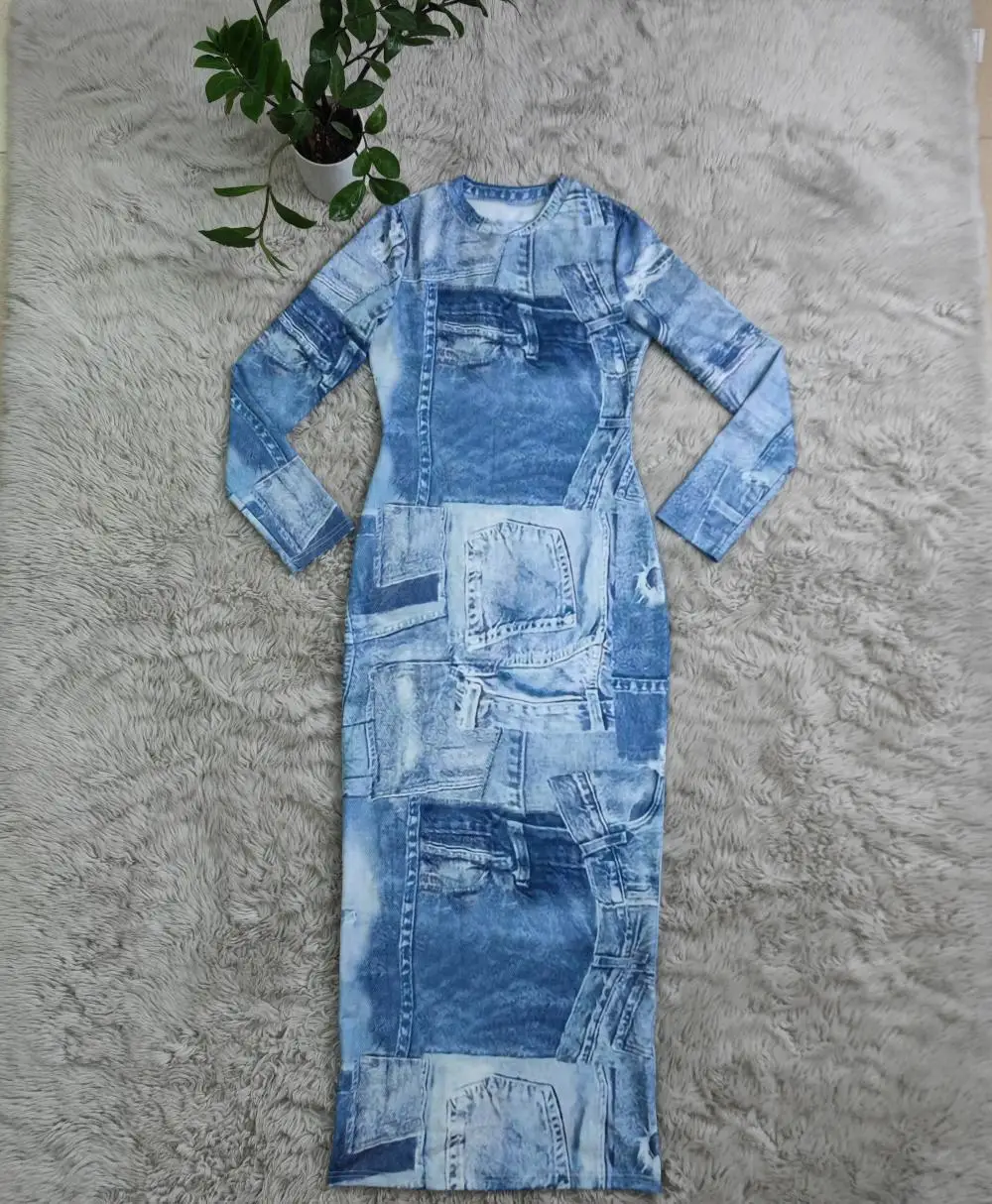 Single Piece Denim Retro Printed Long Sleeved Slim Fit Elegant Casual Dress