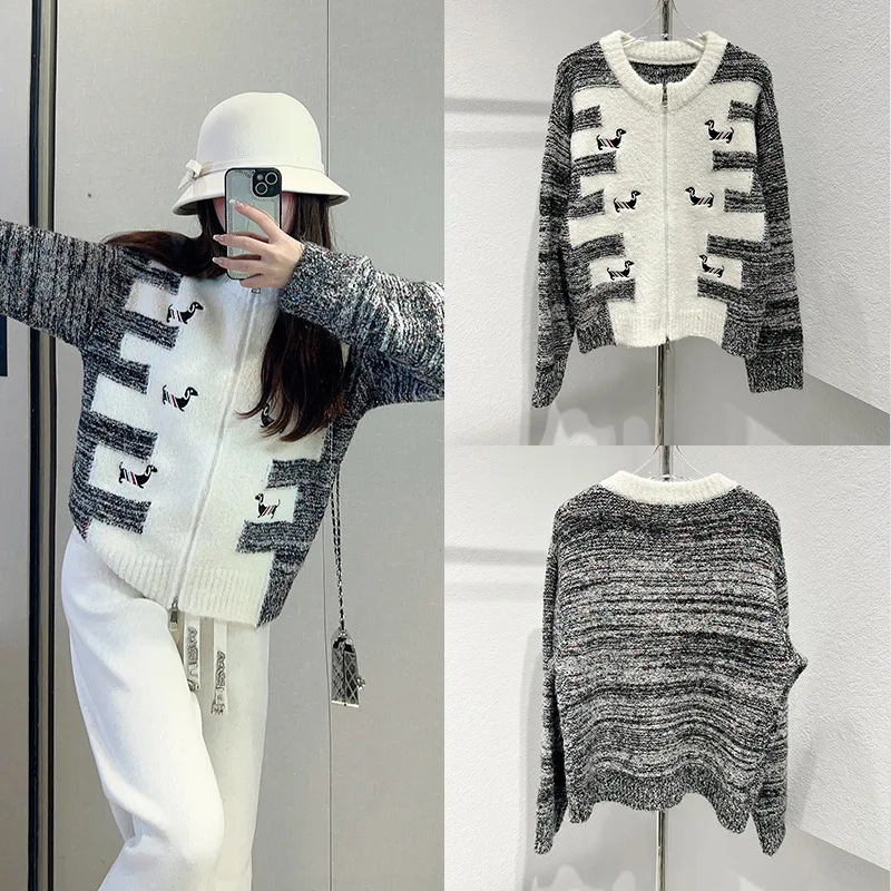 Striped Puppy Embroidery Double Zipper Wool Knit O-neck Sweater Korean Elegant Cardigan Women's Jacket Fashion Brand Design Coat