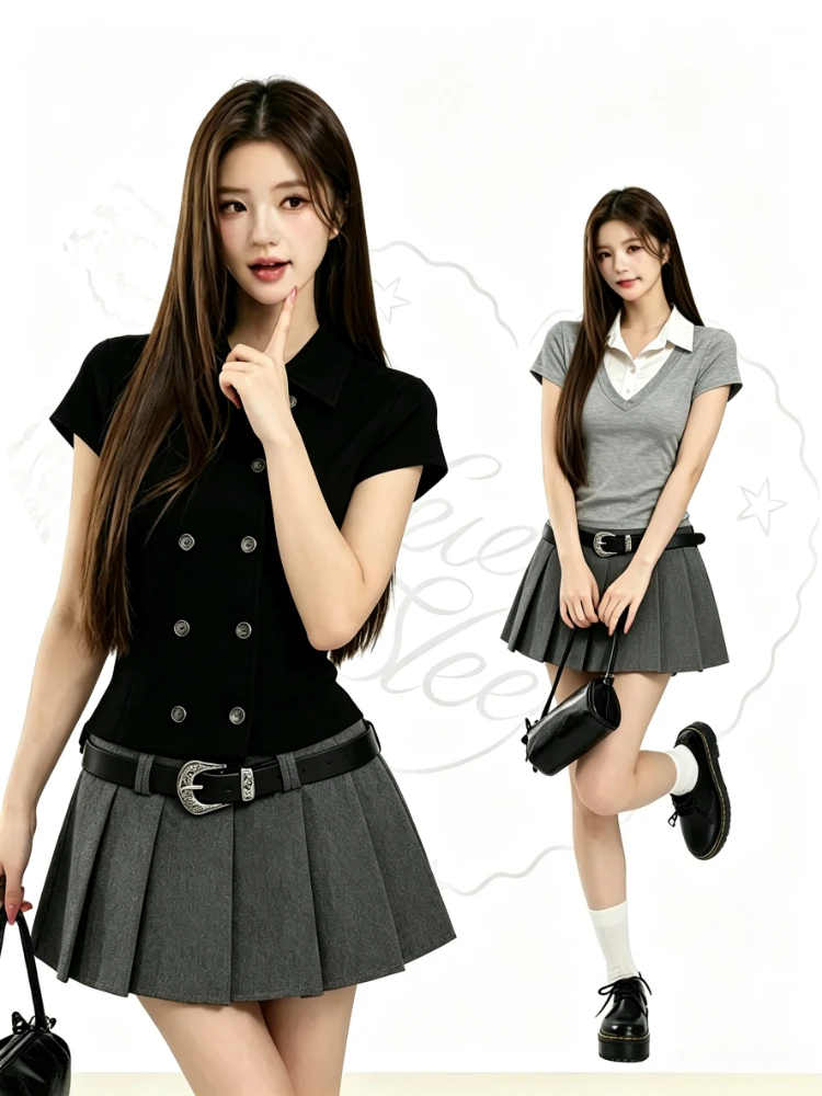 Retro Plaid Y2K Korean College 2 Piece Suit 2026 Autumn Women Short Sleeve Blouse High Waist Pleated Skirt Daily Outfits