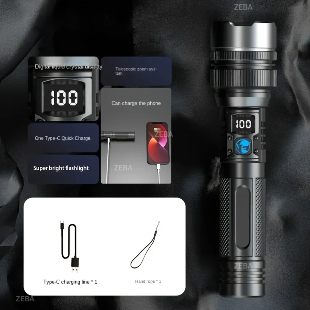 High Strong Power Led Flashlights 2000LM Tactical Torch with Display Light USB Charging Camping Fishing Emergency Zoom Lantern