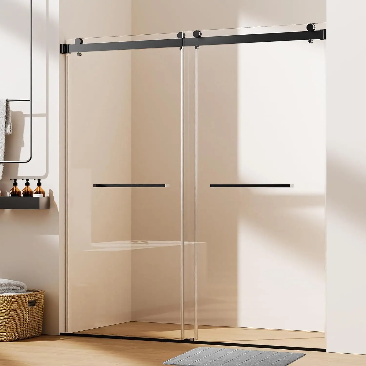 

68-72 In W X 76 H, Matte Black Frameless Double Slidg Design 3/8 Tempered Glass Smooth Rollers Shower Door