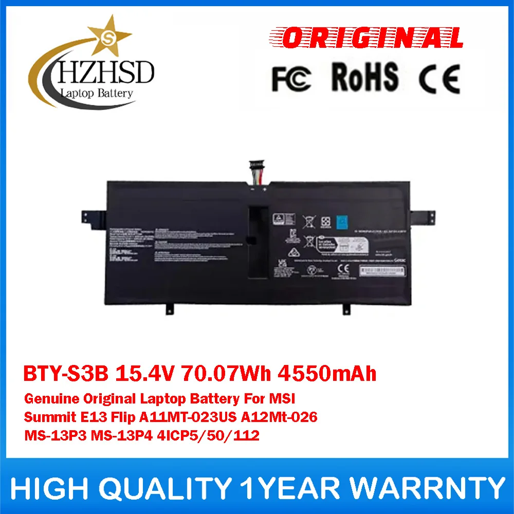 

BTY-S3B 15.4V 70.07Wh Genuine Original Laptop Battery For MSI Summit E13 Flip A11MT-023US A12MT-026 MS-13P3 MS-13P4 4ICP5/50/112