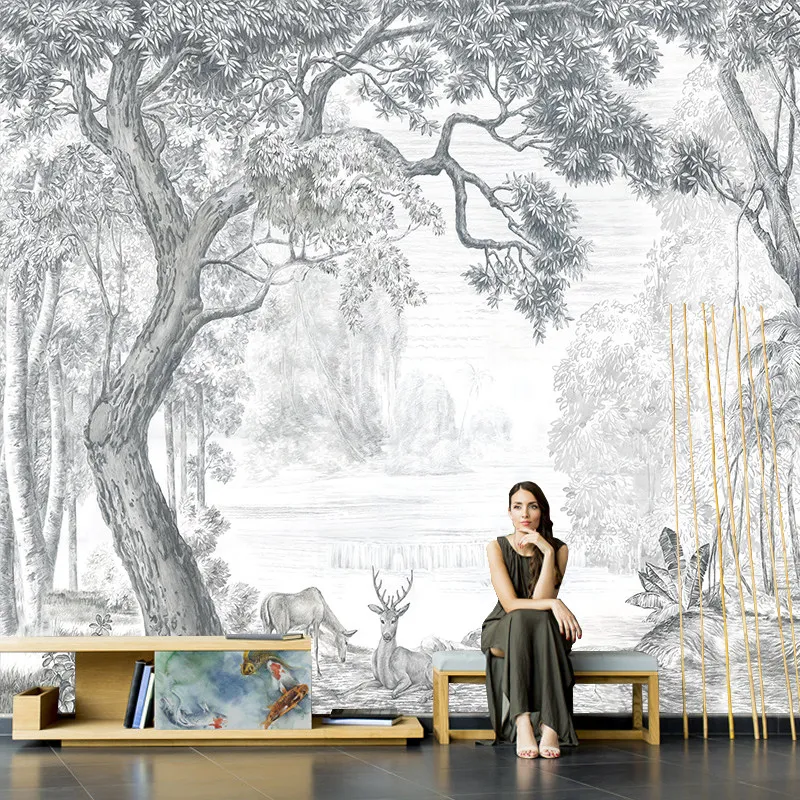 Customized mural French retro Nordic style forest wallpaper background wall homestay hotel bedroom sofa decoration 3d wallpaper