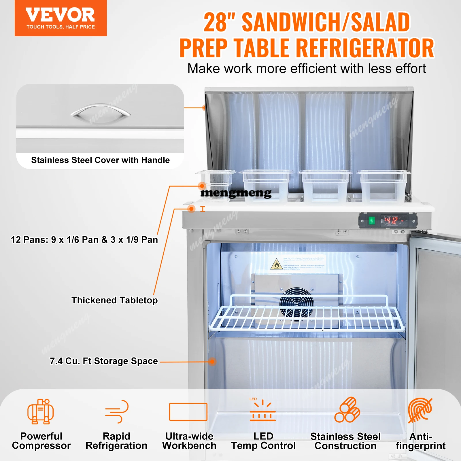 Commercial Refrigerator Sandwich Salad Prep Table 7.4 Cu.Ft Stainless Steel Refrigerated Food Prep Station with Pan