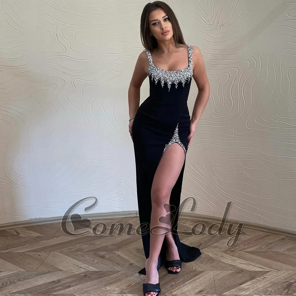 

Comelody Fancy Mermaid Prom Dresses for Women Square Collar High Slit Rhinestones Saudi Arabric Custom Made Sweep Train