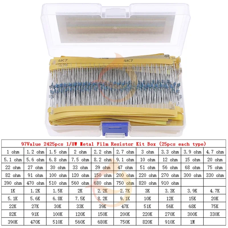 Kit surtido de resistencias de película de Metal, componentes electrónicos de bricolaje, 1/6W, 1/4W, 1/2W, 3W, 0Ω ~ 10MΩ, 1%