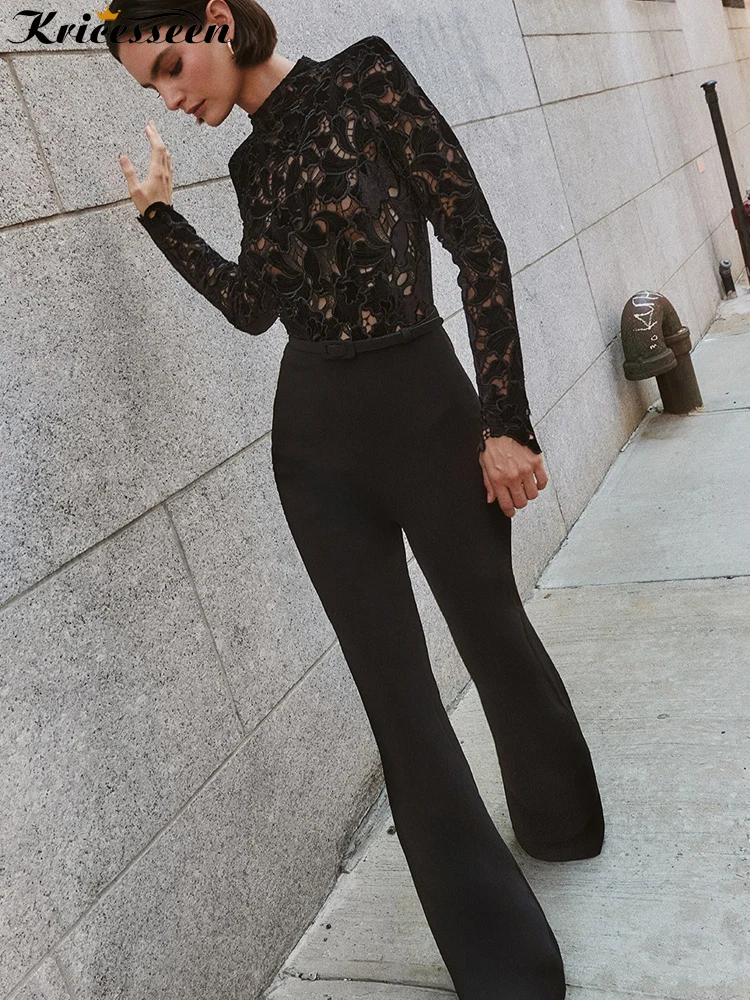 

Kricesseen Elegant Lace Patchwork Floral Jumpsuit Women Long Sleeve Mock Neck Sheer Top Wide Leg Pants One Piece Outfit Clubwear