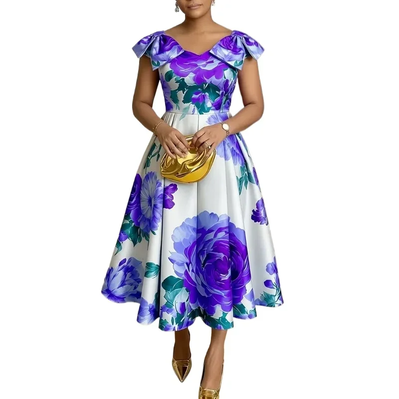 Elegant Printed Long Dress with Stand Collar And Lantern Sleeves Slimming Design New Spring Summer Women's Fashion Dress