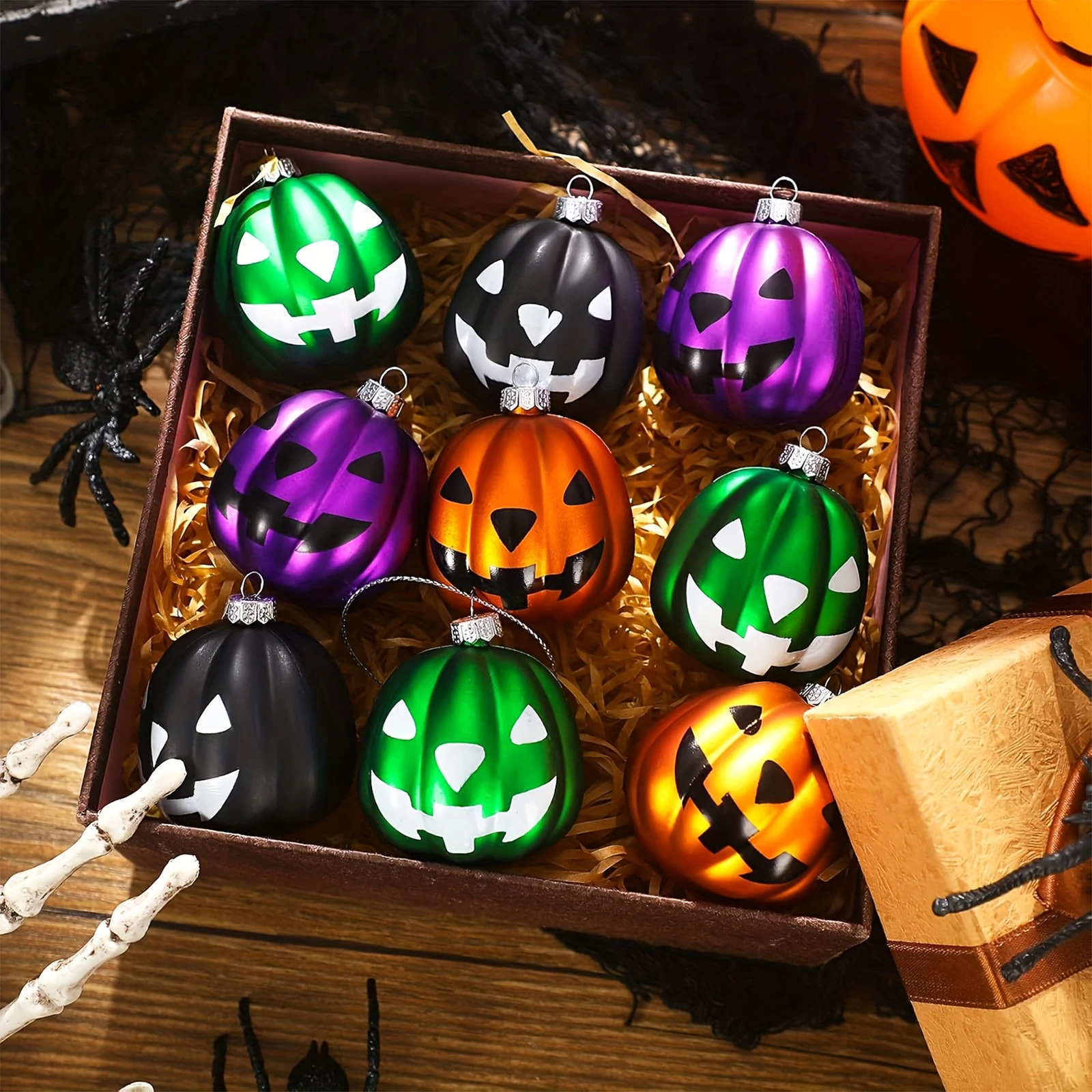 12 Pcs Plastic Halloween Theme Colorful Pumpkin Pendants，Halloween Ghost Pumpkin Hanging Ornament, Party Decoration