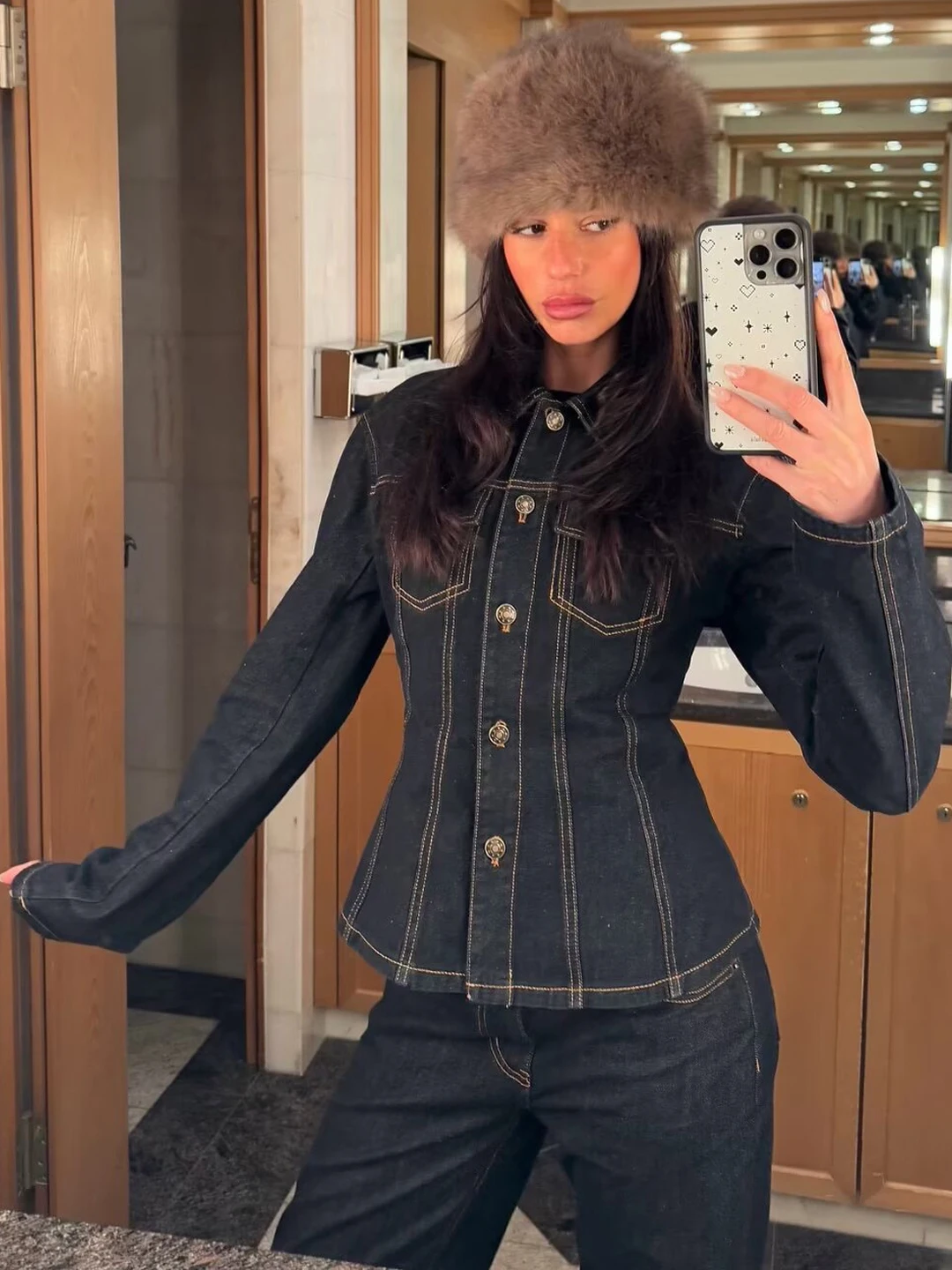 

Американская модная джинсовая куртка для девушек, приталенная, с утянутой талией, воротником и одной пуговицей, женская, весна-осень, из смесового хлопка