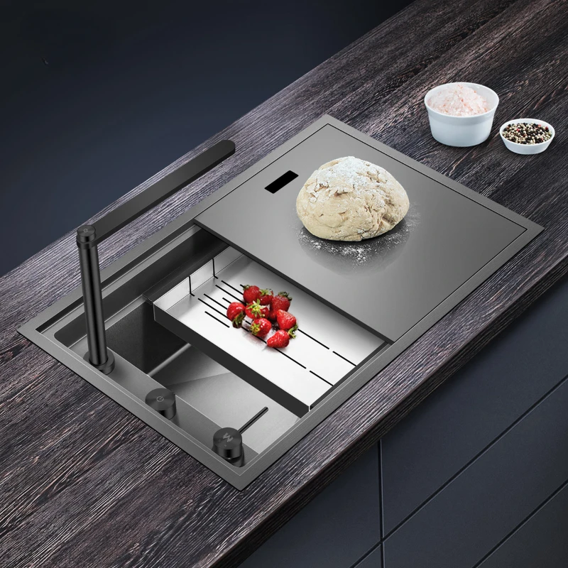 

Kitchen black nano intelligent invisible sink sink, concealed stainless steel large single slot