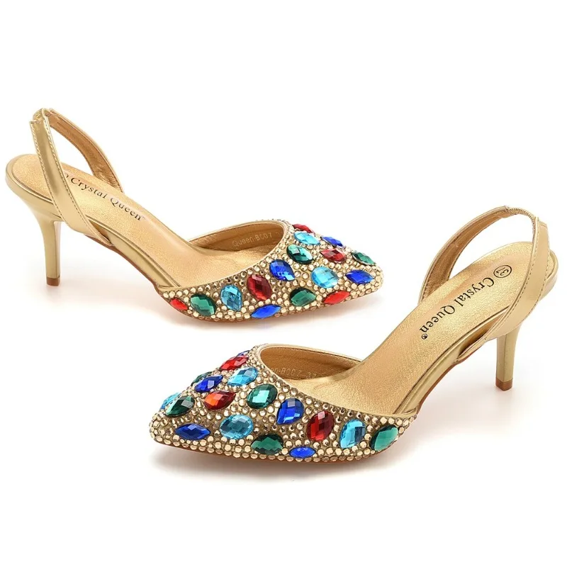 Sandalias de mujer con diamantes de imitación, tacones finos de 7 cm, zapatos de novia para banquete de boda, color azul oscuro, boca poco profunda, punta puntiaguda, con correa trasera.