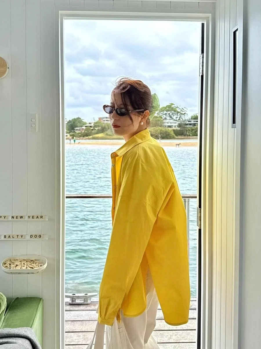 

Yellow Asymmetrical Hem Cotton irt Loose Fit Long Sve Ele Top for Women Spring New Sle mat Faion