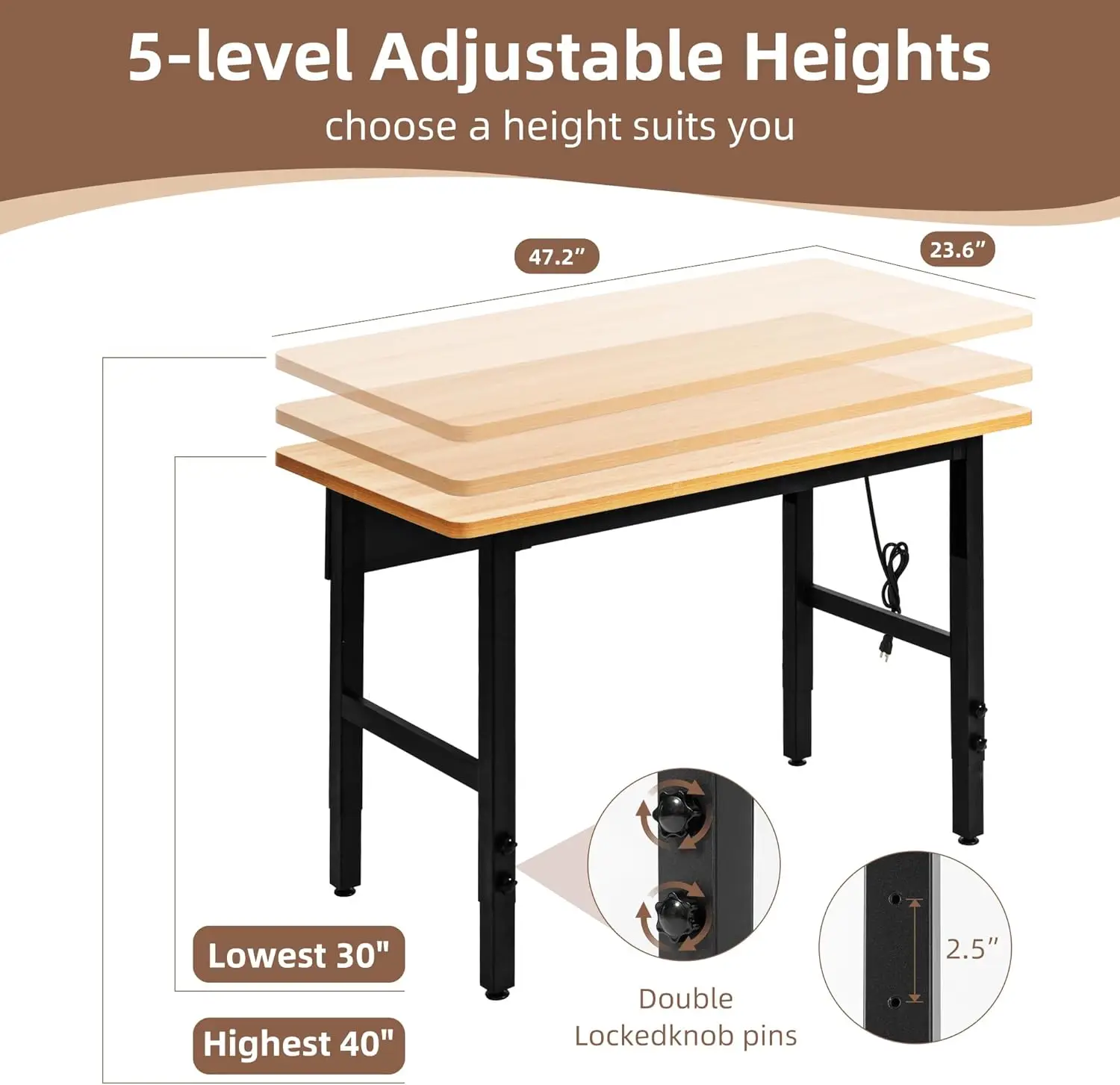 منضدة عمل من الخشب الصلب 48 شديدة التحمل مع منافذ طاقة، طاولة عمل جراج قابلة للتعديل، سعة 2000 رطل، مثالية لورش العمل