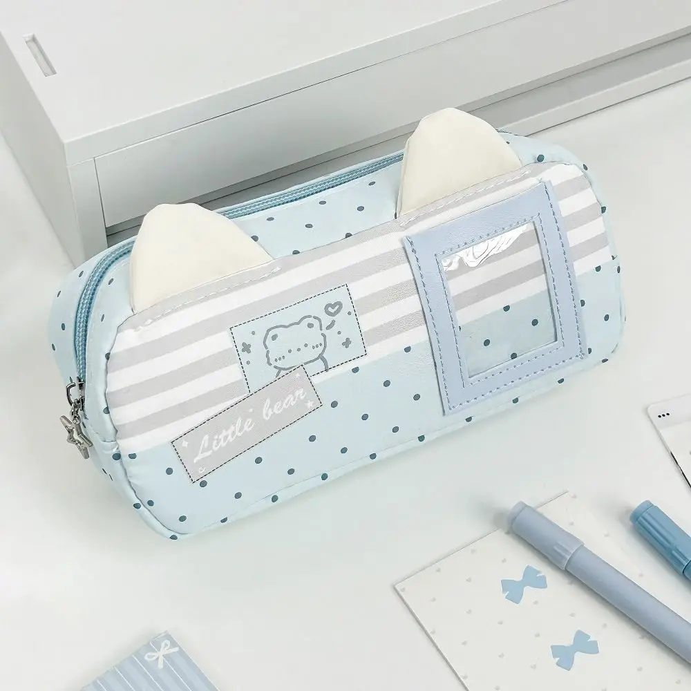Kawaii Cat Ear Design Pencil Case Multi-Layer with Transparent Window Pen Bag Bear Print Pencil Pouch Students