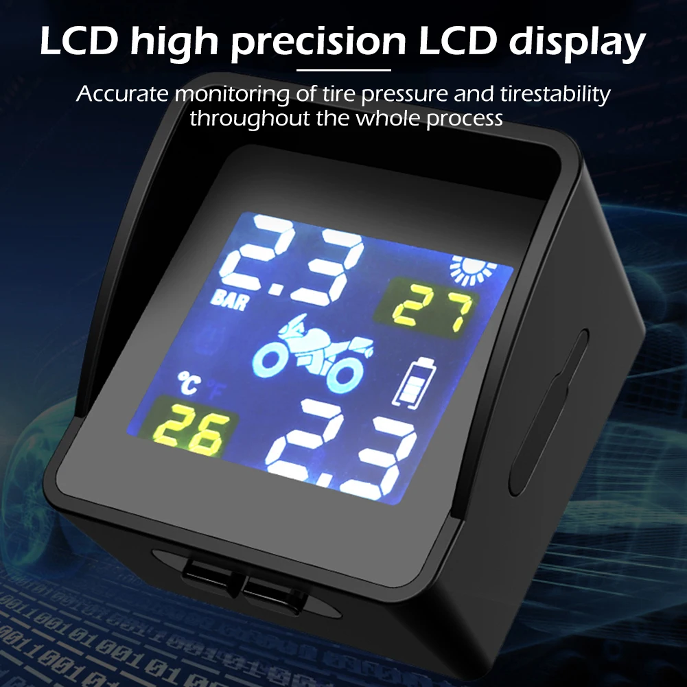 

Universal Solar Charging TPMS Tire Tyre Pressure Monitoring Alarm System Motorcycle Replacement Parts with 2 Sensors