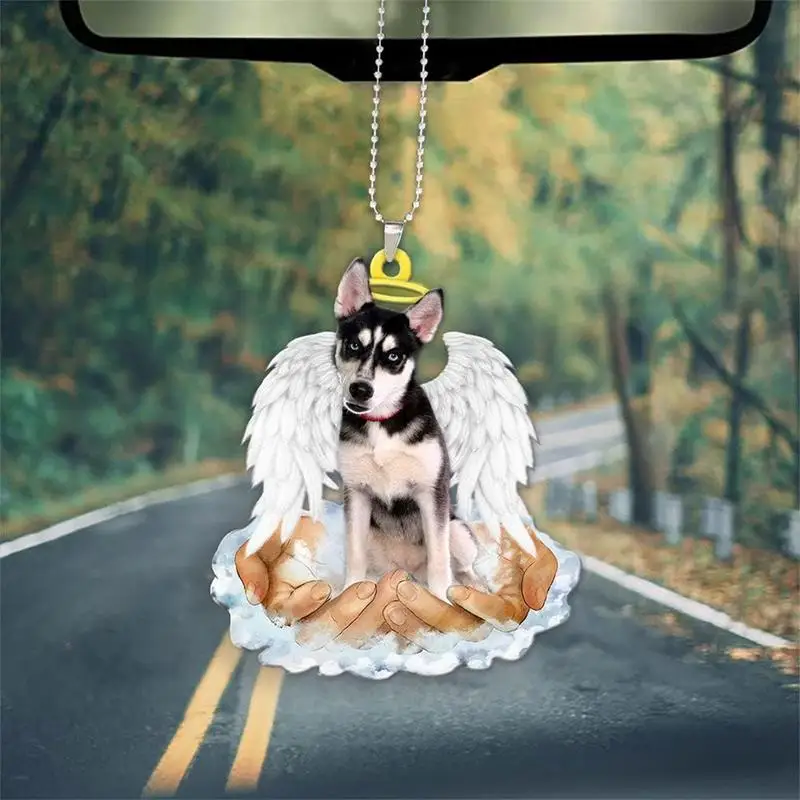 Dog Car Pendant Angel Wing Dog Pendant Cute Dog Hang Decorations 2D Acrylic Pendant For Car Rearview Mirror Backpack Christmas