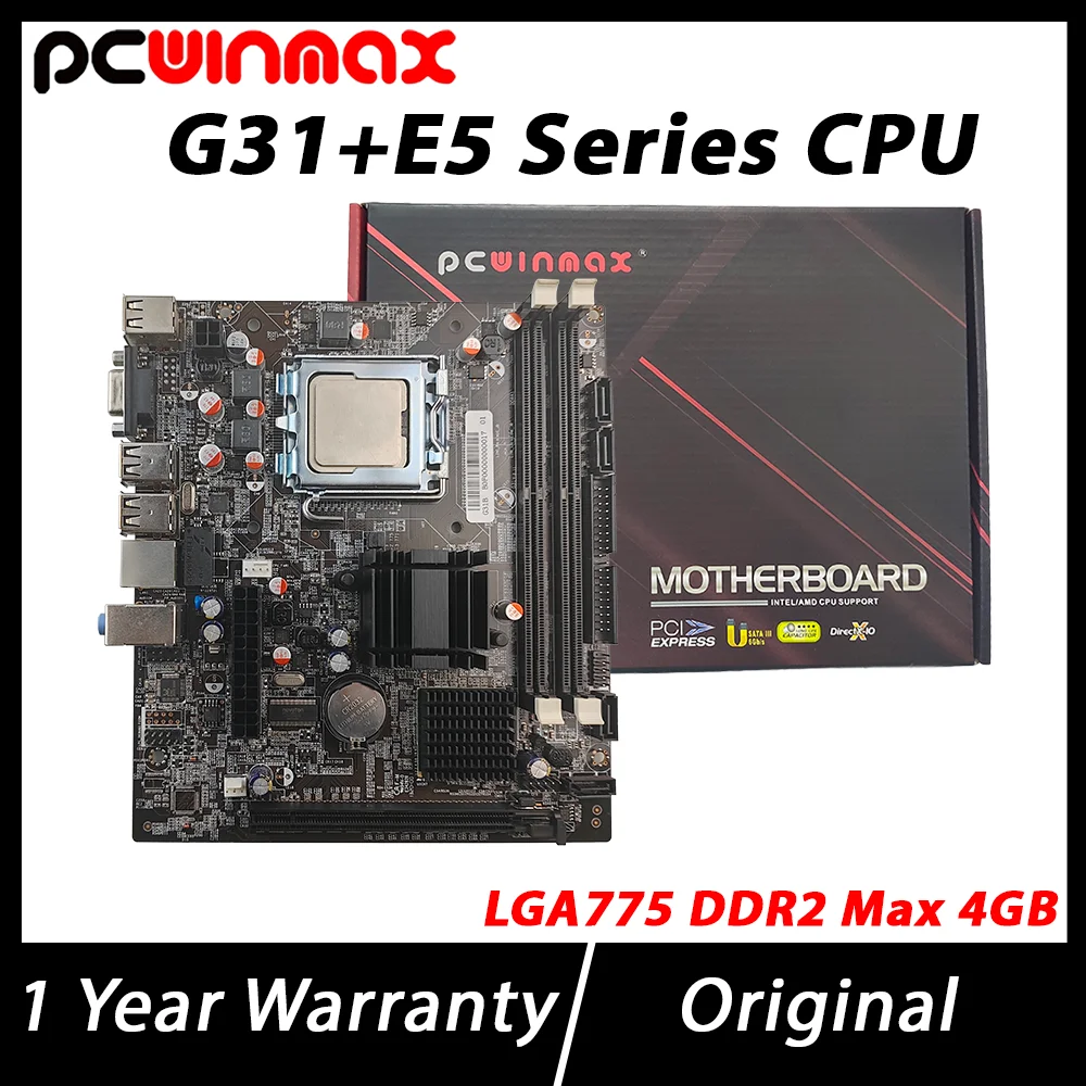 

PCWINMAX New G31 with E5 Series CPU Motherboard Kit Original G31 Chipset LGA775 DDR2 Max 4GB MATX Desktop Mainboard Combo