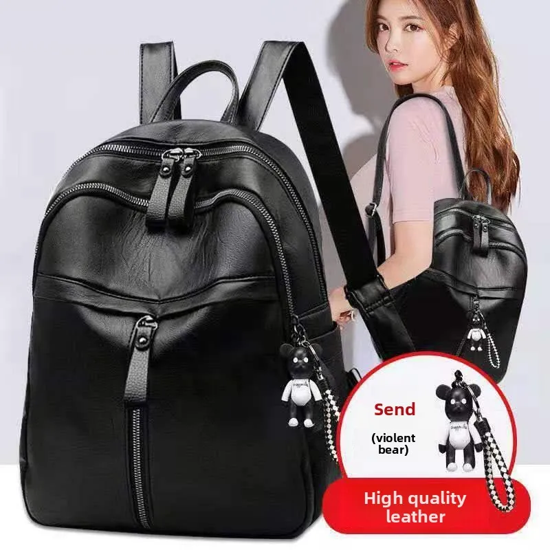 

New black minimalist backpack, large-capacity schoolbag, trendy solid-color soft leather women's backpack