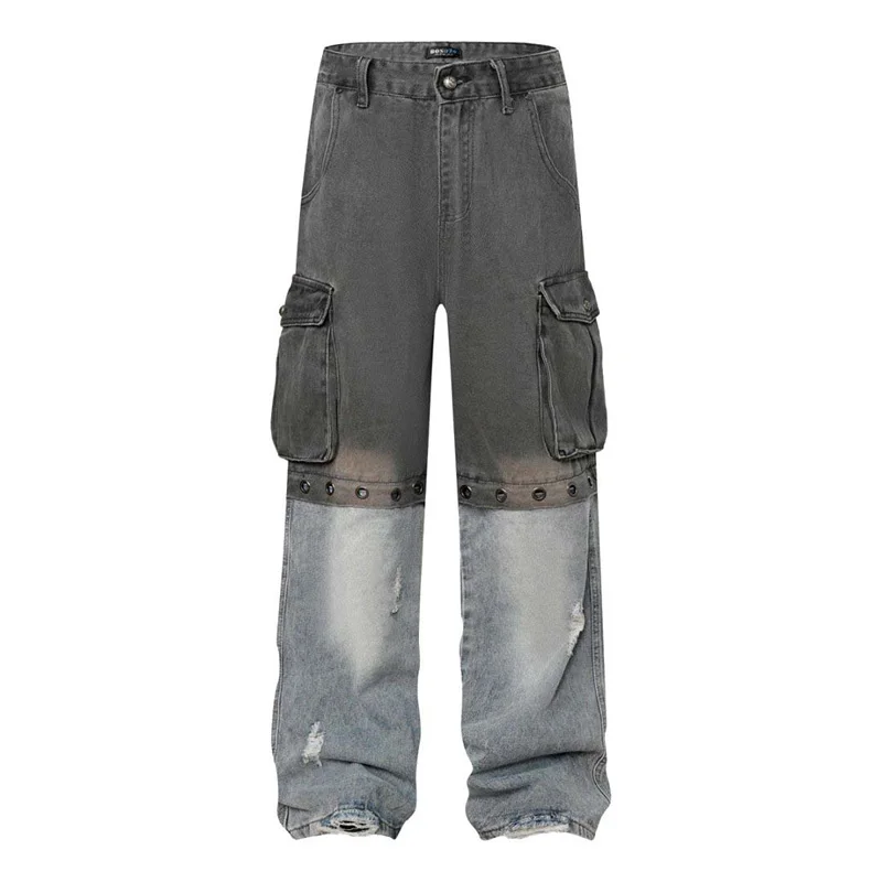 

Hi Street Vintage Detachable Knee Patchwork Jeans Shorts Multi Pockets Streetwear Casual Denim Trousers For Male