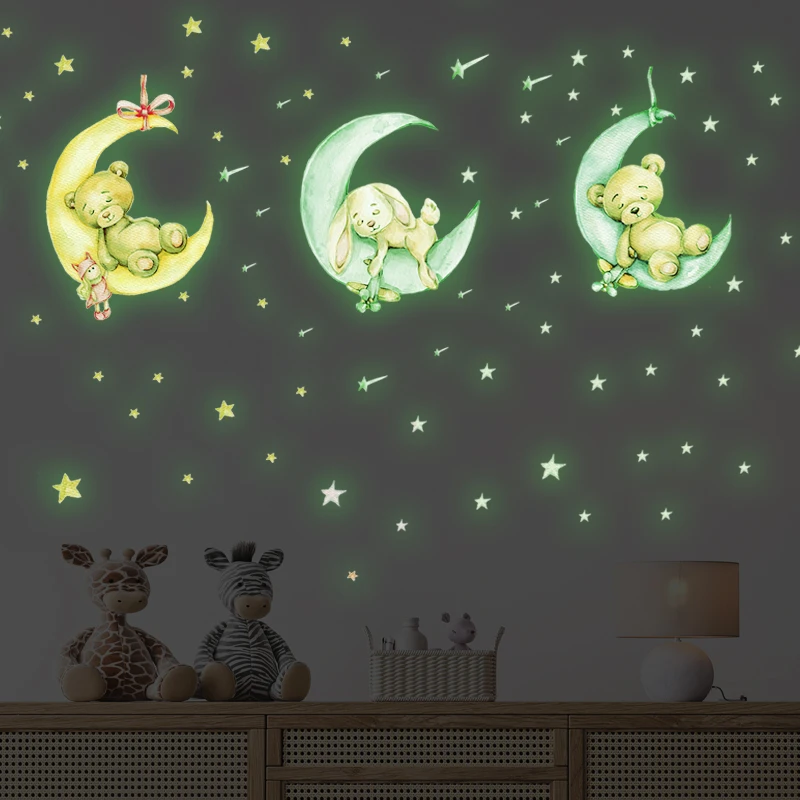 Tiny Cute Luminous Wall Stickers Teddy Bear on the Moon Stars Glow in the Dark Wall Decals for Kids Room Baby Nursery Home Decor