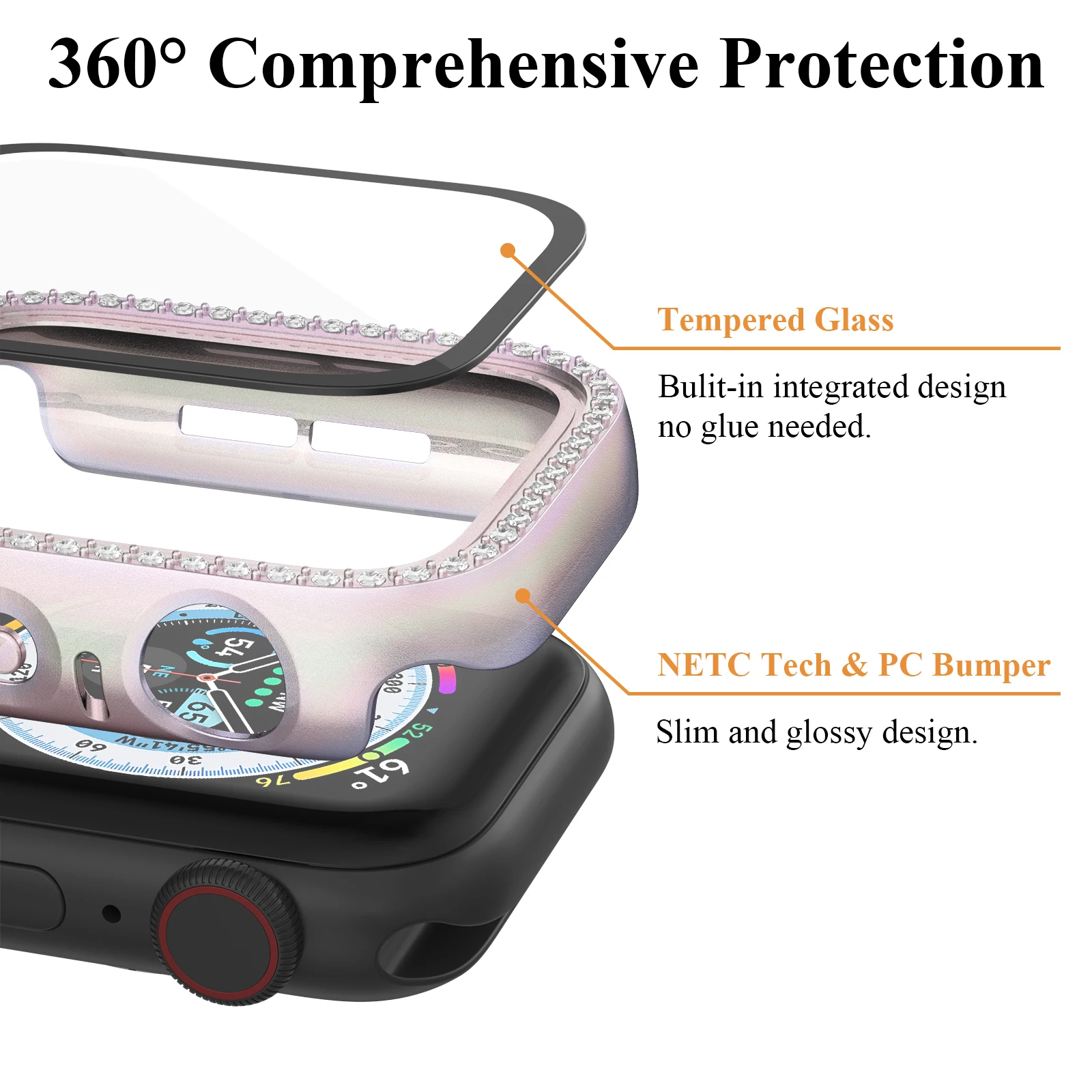 アップルウォッチ用ダイヤモンドバンパープロテクターカバー,40mm, 38mm, 44mm, 42mm,iwatchシリーズ4, 5, 6,se 1, 2, 3,アクセサリー