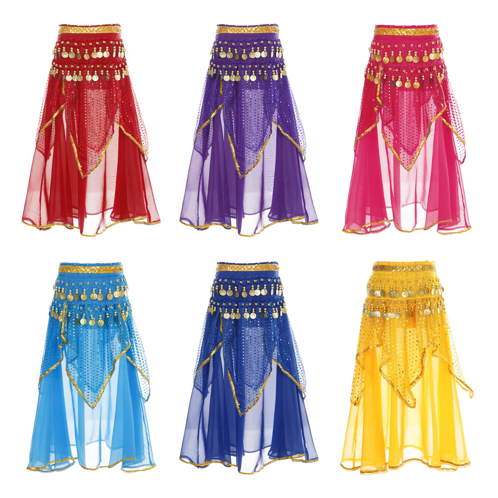 Kids Egypt Performance Practice Clothes Oriental India Girls Belly Skirts Beads Coins Skirt Waist Hip Scarf Bellydance Costumes