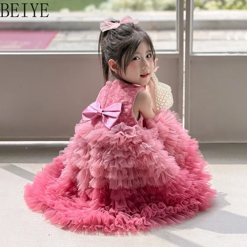 Cute Girls Fluffy Tiered Tulle Princess Dress Sleeveless Gradient Pink Ruffle Cake Dress Children Photo Shoot Holiday Costume