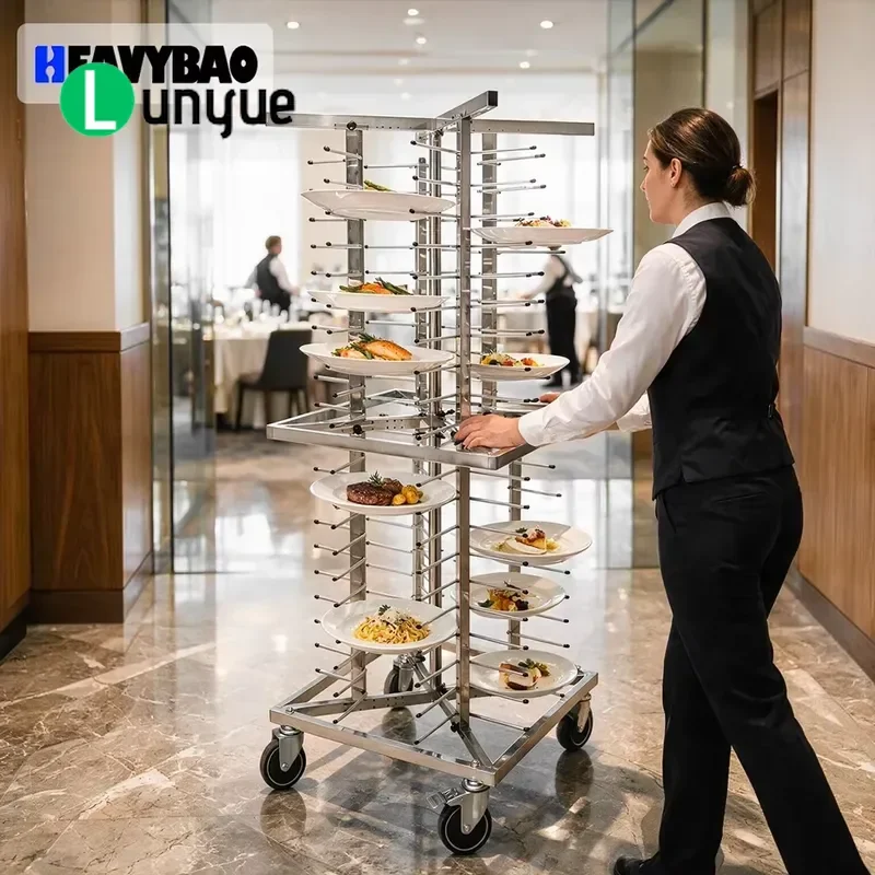 Stainless Steel Mobile Dinner Rack 20 Tier Stackable Serving Cart Holds 80 Trays Fast Dining Tray Holder for Restaurant Hotel