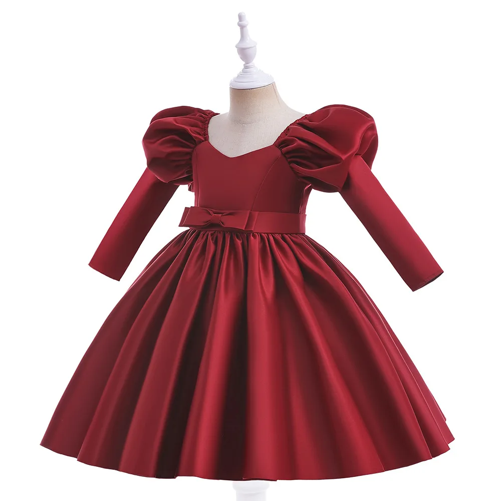 Autumn Long Puffy Sleeve Dresses for Girls Wedding Christmas Party Princess Costume With Bow Teen Children's Birthday Prom Gown