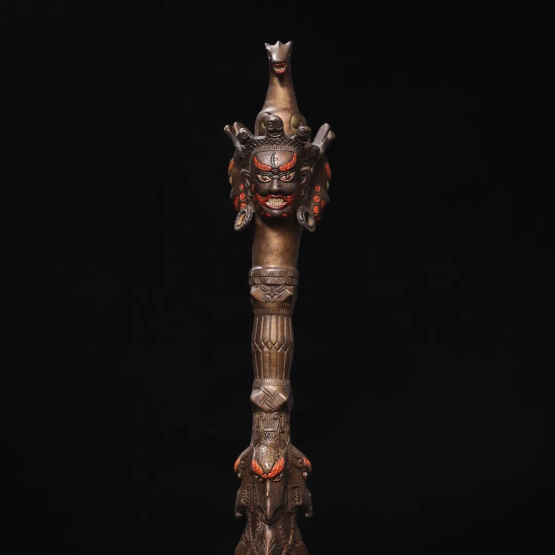 Old Bronze Gilded Cinnabar Hayagriva Three sided Buddha Head Dorje Vajra Phurpa Amulet Dharam Lotus Buddha Terrace