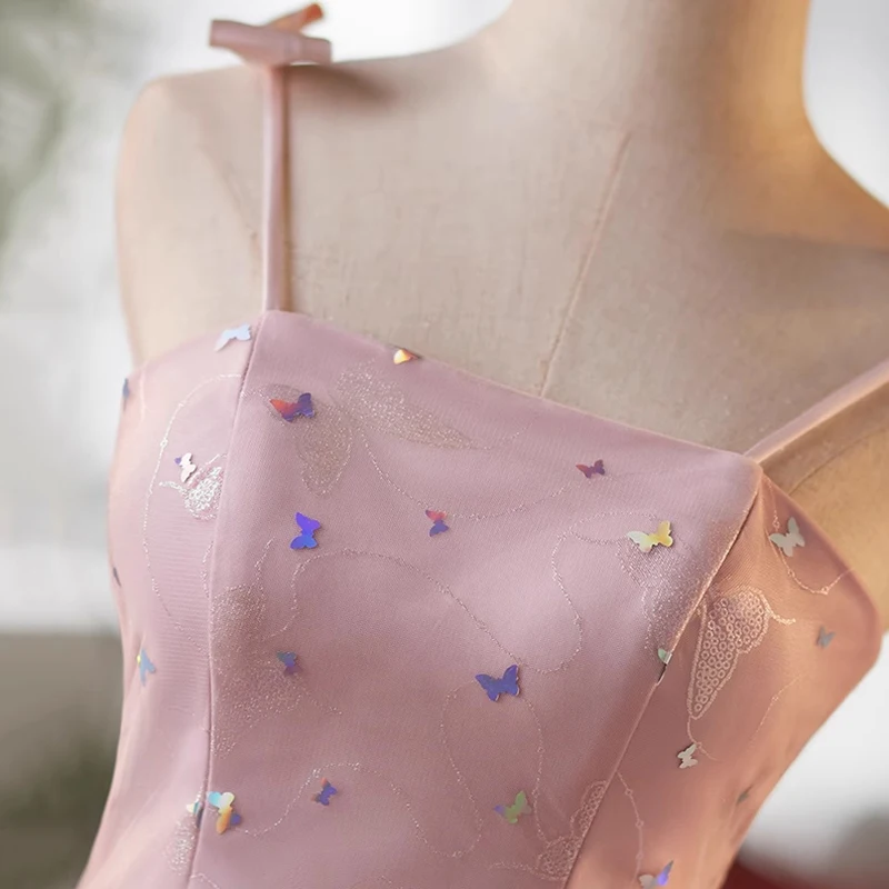 AnXin SH księżniczka różowa koronkowa kokardka spaghetti pasek frezowanie świecący motyl krótka dostosowana suknia wieczorowa mała biała sukienka