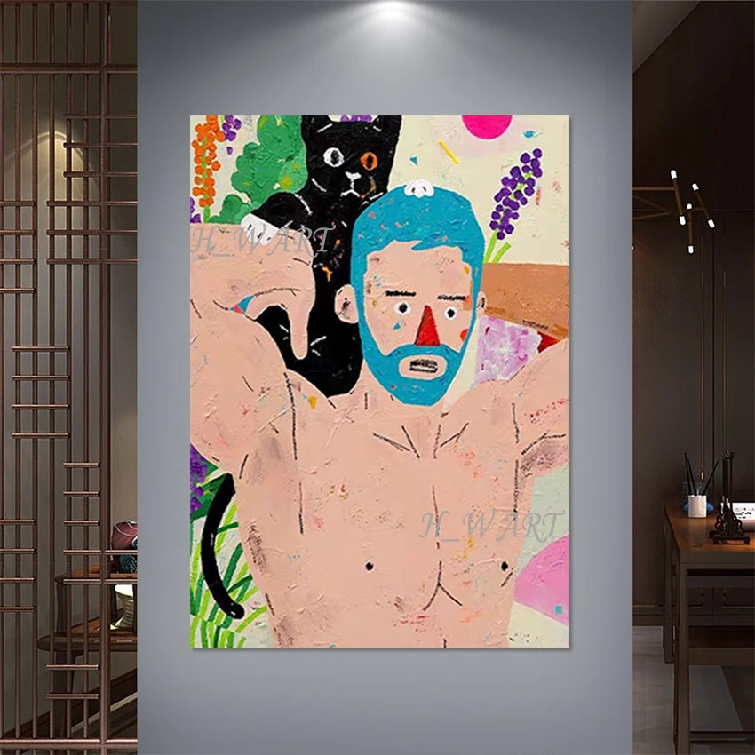 

Мультяшная картина с текстурированным рисунком человека, современные абстрактные рисунки, картины маслом без рамки, дизайн с изображением кота и животного, настенное украшение на холсте