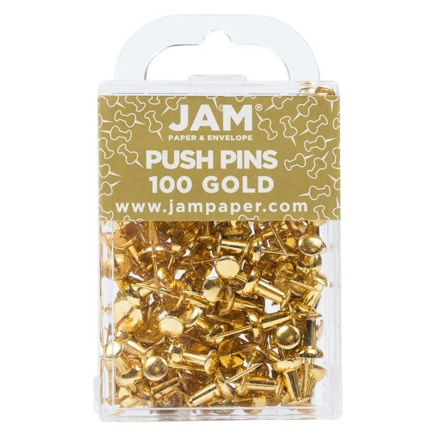 Gold Push Pins for Office and Home Use 2 Packs of 100 Reliable Metal Fasteners for Bulletin Boards Wall Displays and Craft Proj