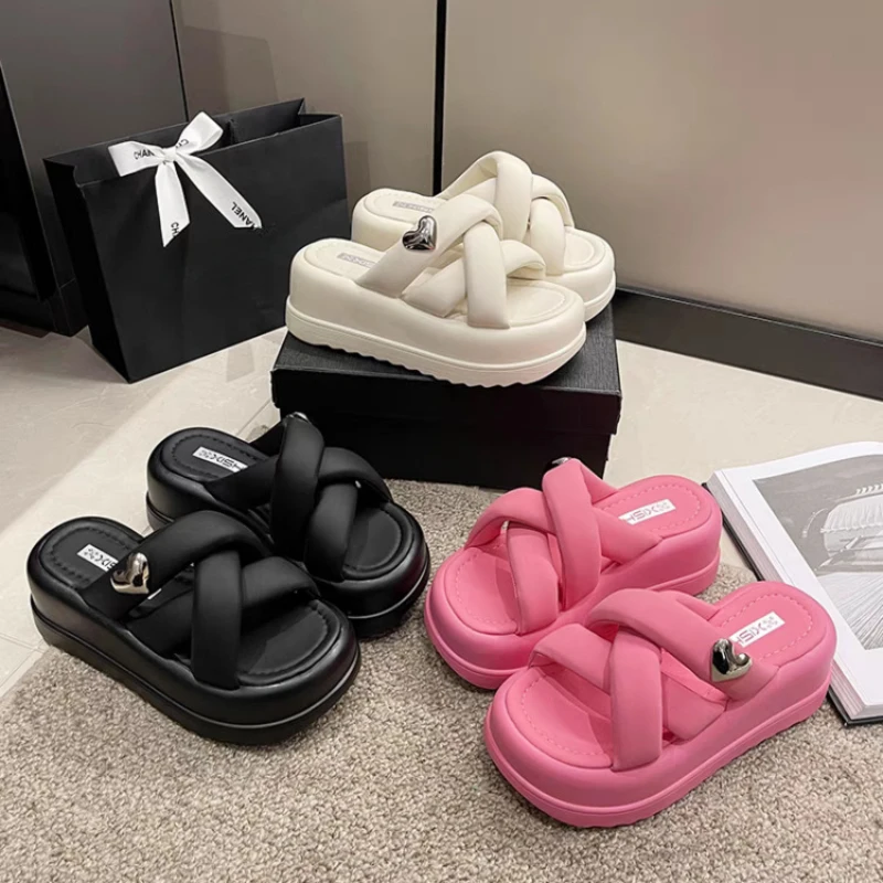 

Summer Leather Women's Slippers with Thick Soles Casual Beach Sandals Elevated Women's Shoes