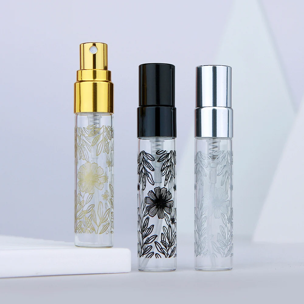 100 Pieces/lot Print Flower 5ml Perfume Spray Bottle Screw Clear Glass Bottle Portable Cosmetic Container Mini Spray Bottles