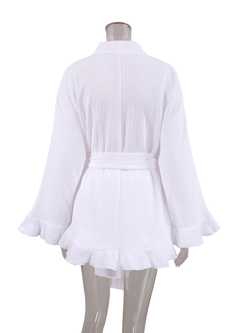 Marthaqiqi-Nuisette à manches longues en coton blanc pour femmes, vêtements de nuit décontractés, nuisette à col en V avec short à volants, ensemble