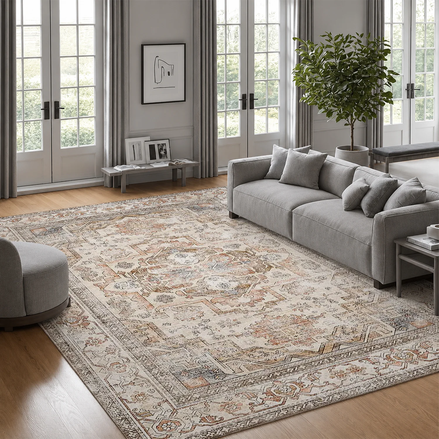 Large Indoor Area Rug, Soft Velvet Low Pile Rug with Non-slip Dotted Backing, Machine Washable Vintage Distressed Medallion Rug for Living Room, Bedroom, Neutral Oriental Accent Floor Rug