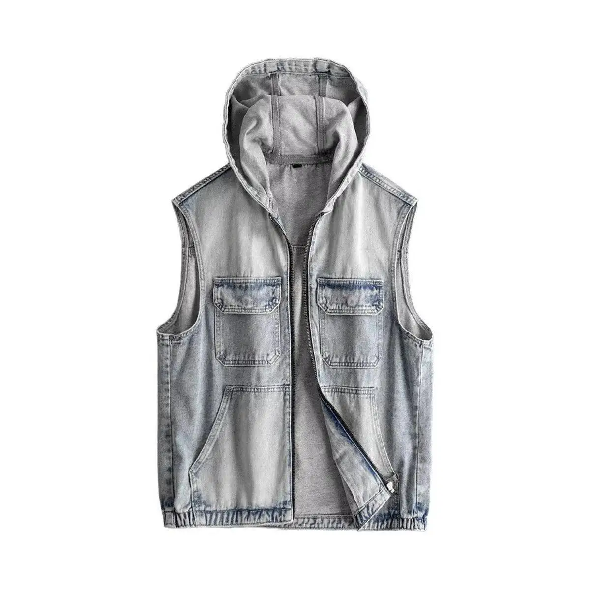 Men’s Hooded Denim Vest Vintage Washed Zip-Up Sleeveless Jacket Top Biker Workwear High Street Jens Streetwear Outerwear