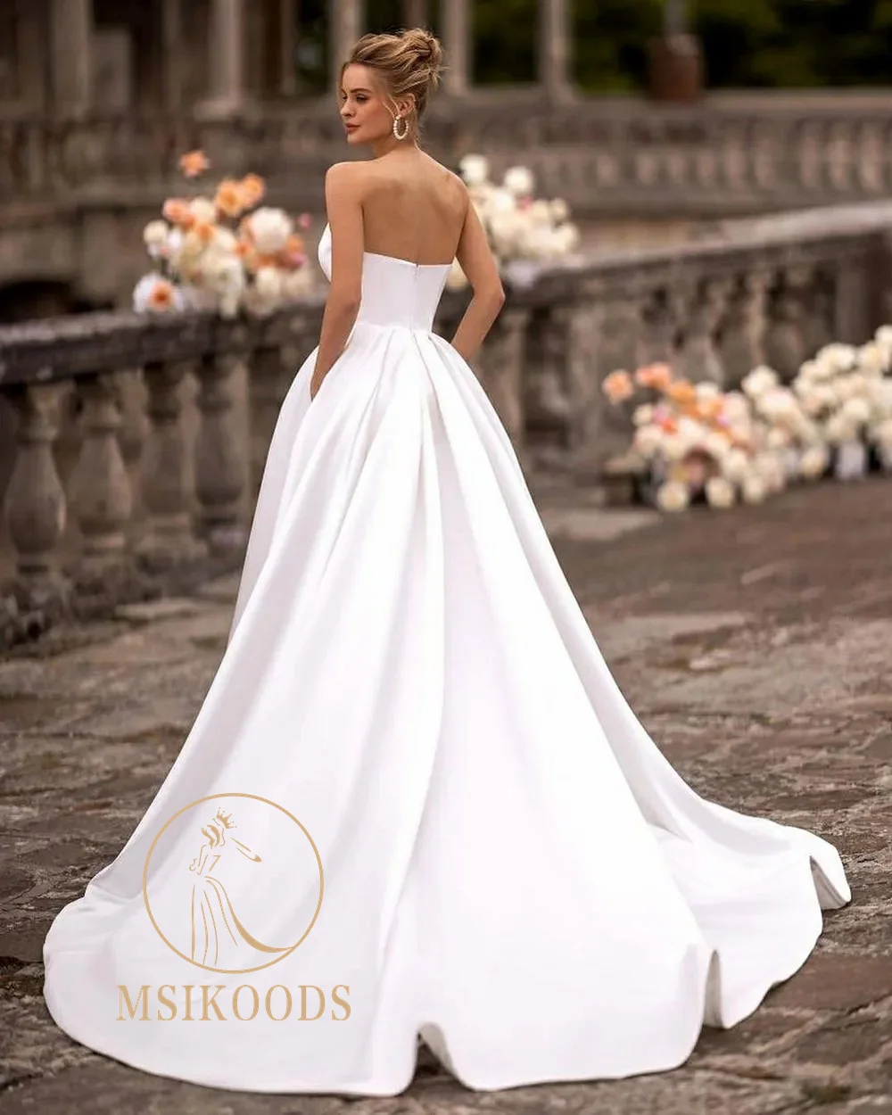 Msikoods Elegant Wedding Party Dress 2024 Women Customized Satin Wedding Gown With Pocket Side Split  Bespock Bride Dresses