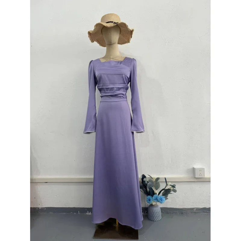 Spring New Handmade Rhinestone Embellished Ribbon Design Long Sleeve Satin Slim Dress