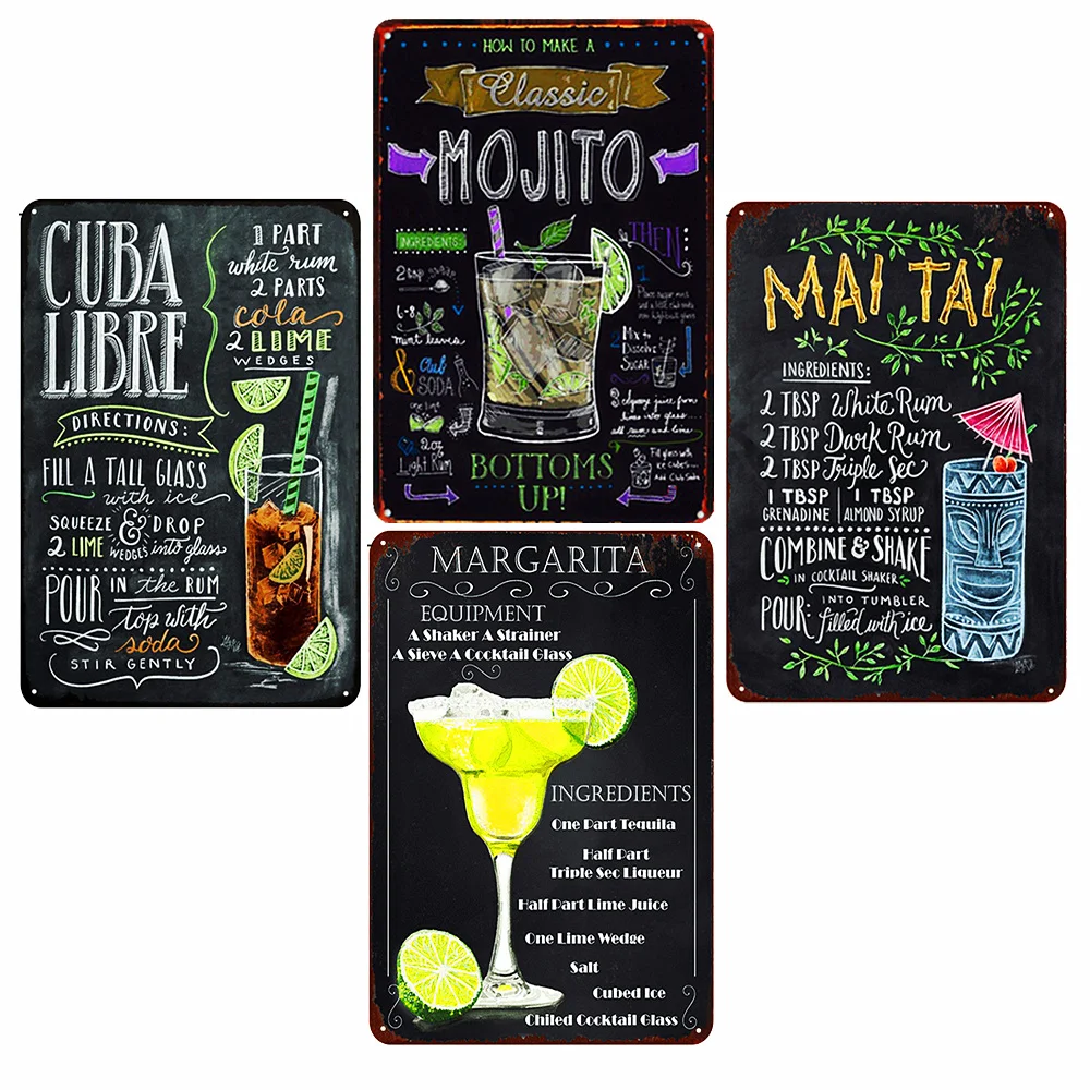 4 Stück Cocktail Time Vintage Metallschild, Gin Tequila Blechschild, Rum Rezept Poster, Wodka Tonic Plakette, Bar Heimdekoration 30X20CM – Detail 1
