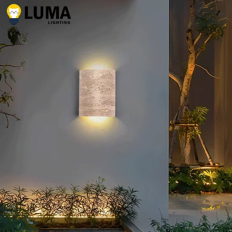 

Wabi-Sabi Style Yellow Travertine Wall Lamp, Outdoor Waterproof Wall Sconce for Bedroom Bedside Courtyard Garden LED Lighting