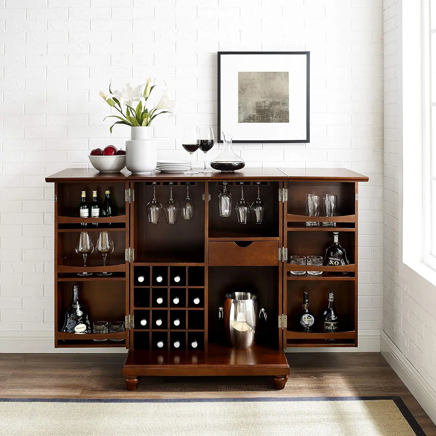 Cambridge Expandable Bar Cabinet With Storage Shelves, Drawer, And Wine Rack, Vintage Mahogany