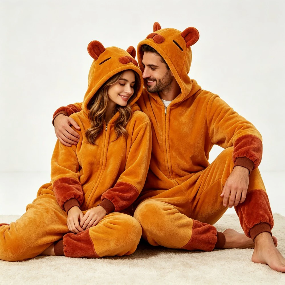 Adult Warm Flannel Capybara Onesie Pajamas Hooded Animal One Piece Sleep Jumpsuit, Men Women Nightwear For Party And Home