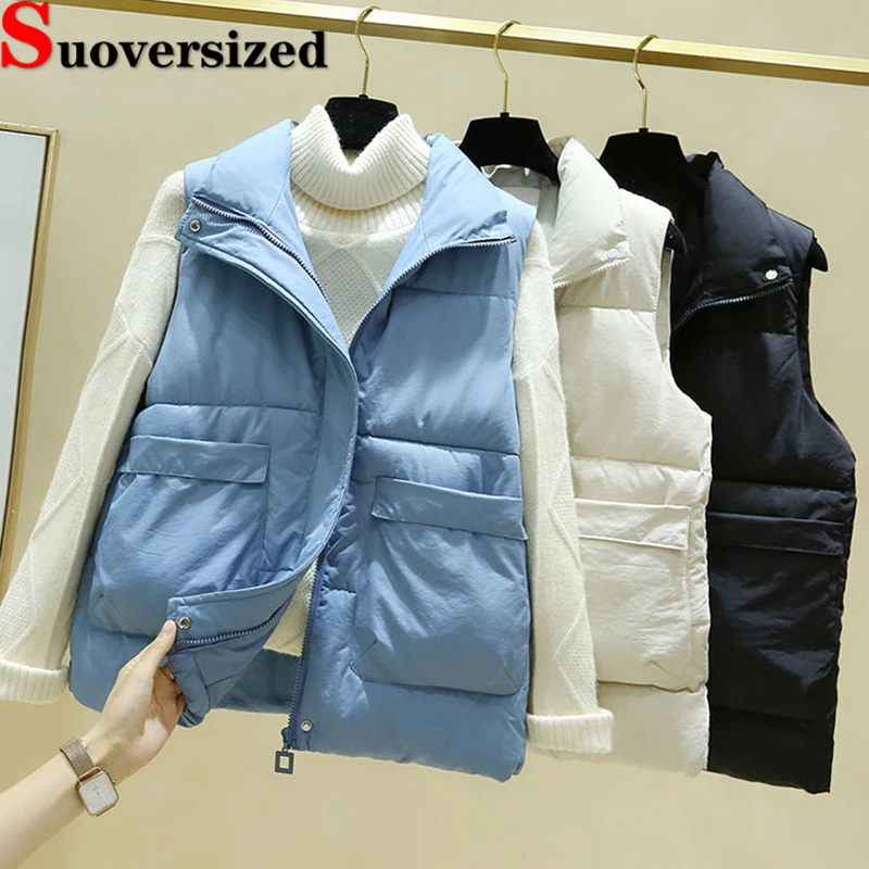 

Winter Cropped Thicken Vest Warm Cotton Padded Chaquetas Korean Puffy Sleeveless Jackets Women Fashion Stand Collar Waistcoat