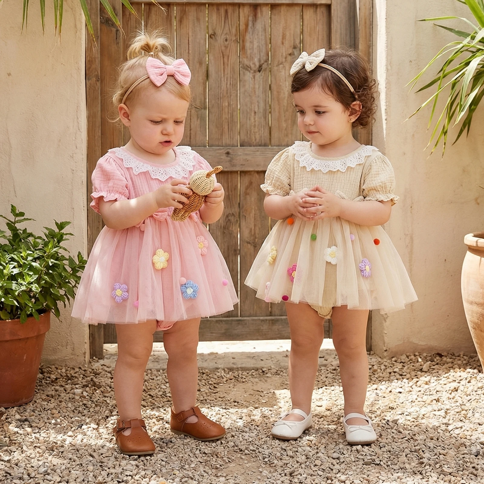 Baby Girl Summer Outfits Decorative Flower Bow Mesh Crew Neck Short Sleeve Romper Dress and Bow Headband 2Pcs Set