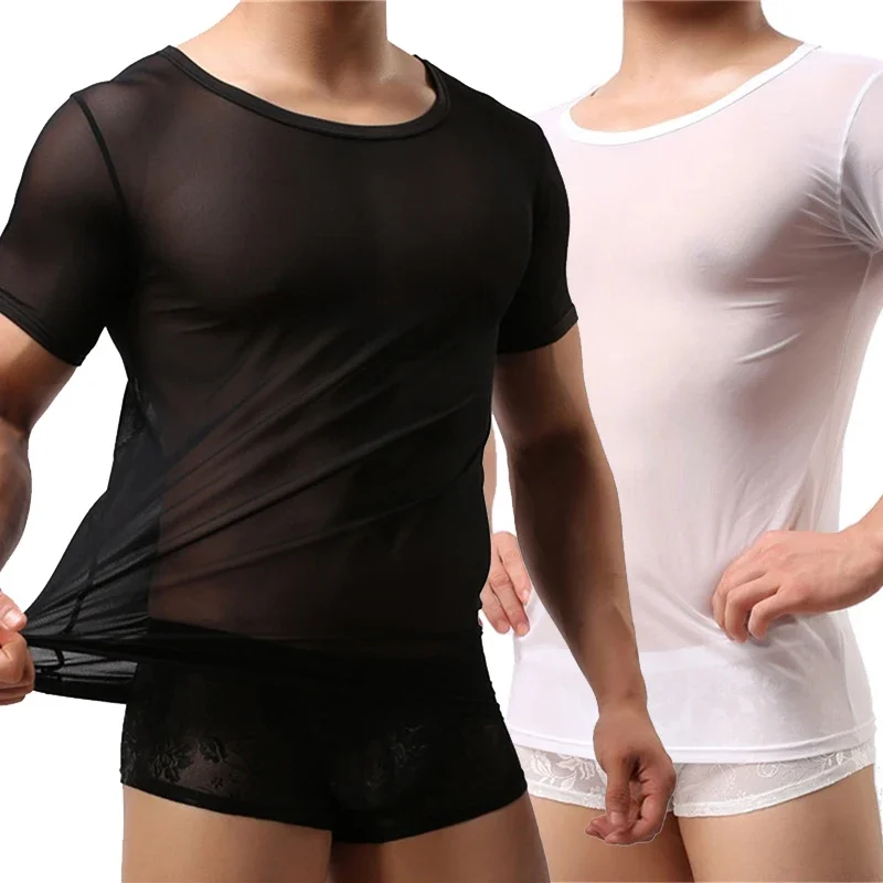 Sexy Men Undershirts Transparent Sheer Short Sleeve T Shirt Sports Fitness Casual Underwear Breathable See Through Tops Tees New